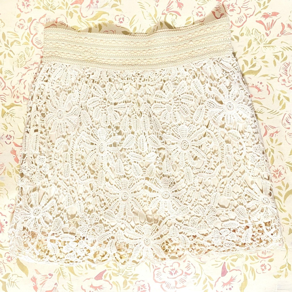 Cream Crochet Mini Skirt Floral Lace Boho Festival Ivory Small - Picture 3 of 8
